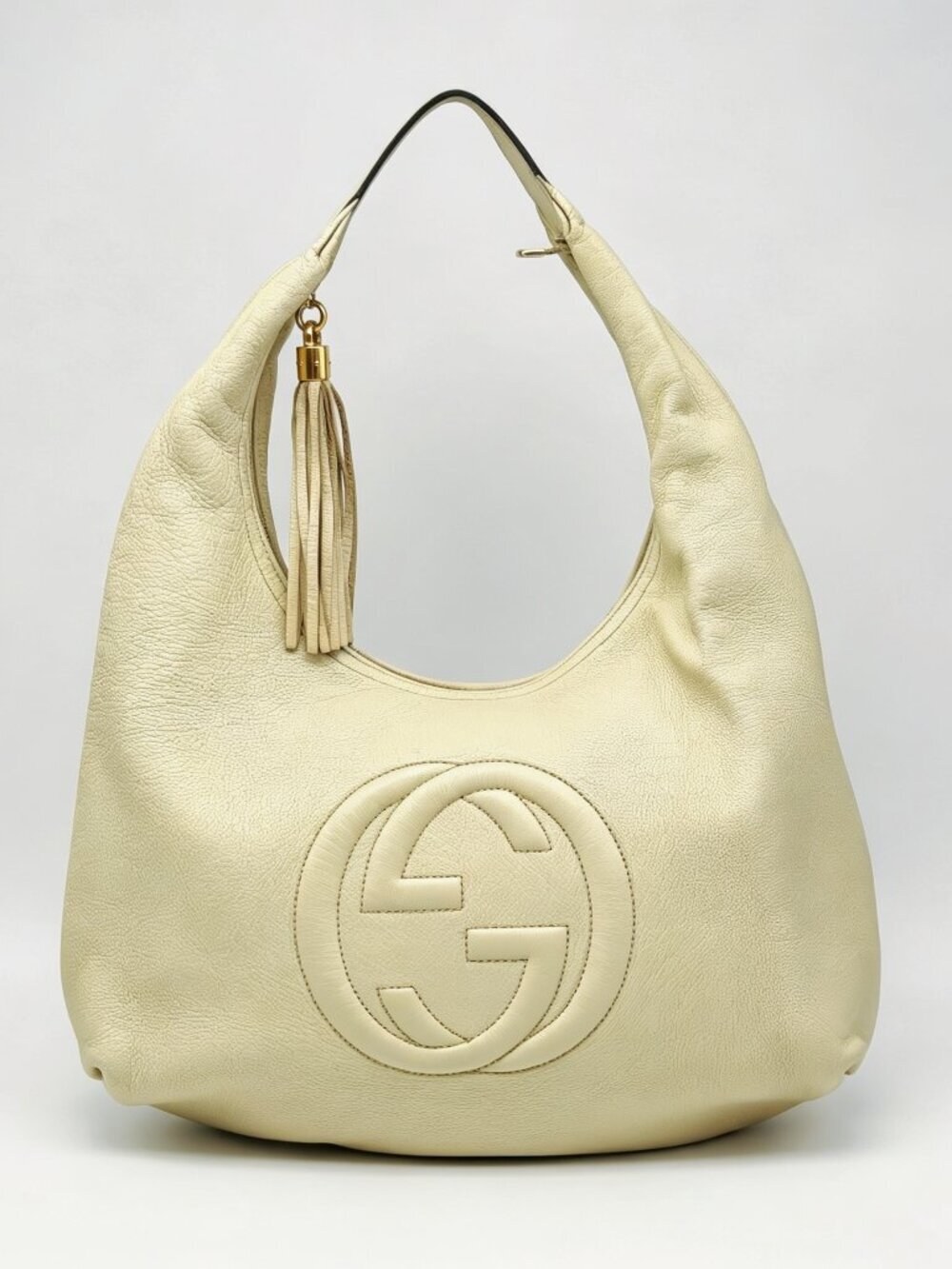 Gucci Soho Large Ivory Pebbled Leather Hobo Shoulder Bag Tassel